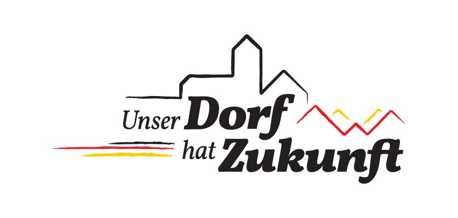 Das Logo zum Wettbewerb "Unser Dorf hat Zukunft" ist in den Farben schwarz, rot und gold gehalten und und zeigt neben dem Schriftzug die Silhouette einer Kirche und einiger Hügel. 