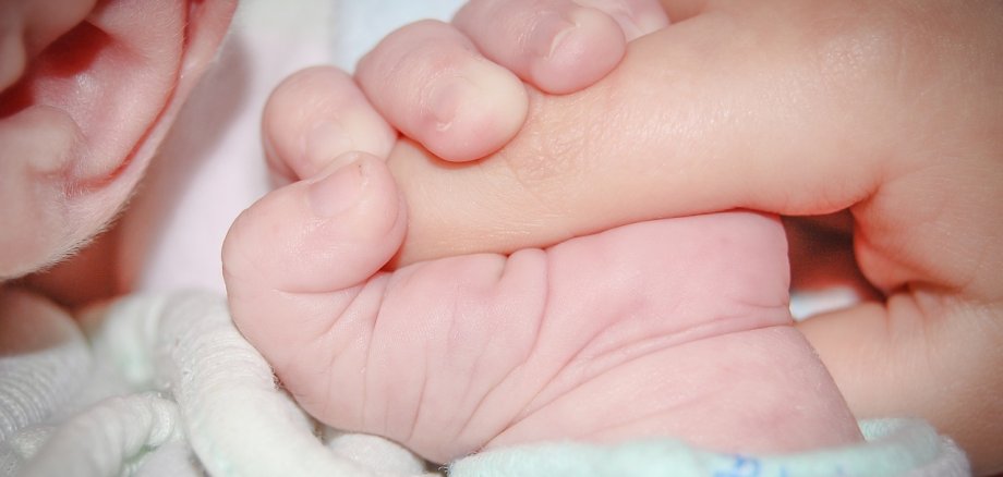Eine Babyhand hält den Finger einer Erwachsenen. 