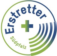 Es ist das Logo der Erstretter Südpfalz mit einem Plus und davon abgehenden Schallwellen zu sehen. 